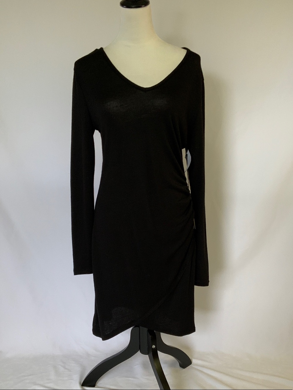 june & hudson Black Long-Sleeve V-Neck Side-Ruched Dress